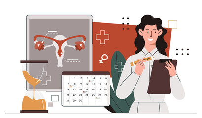 Gynecologist at workplace concept. Woman in medical uniform with scheme of female reproductive system. Anatomy and biology. Health care and medicine, treatment. Cartoon flat vector illustration - obrazy, fototapety, plakaty
