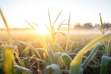 dew-covered cornfield gleaming at dawn