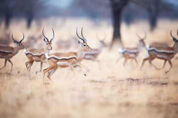 gazelle herd sprinting from a predator - obrazy, fototapety, plakaty