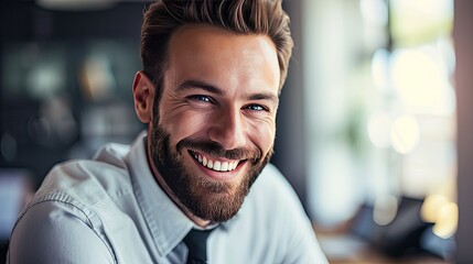 Obraz premium In the office, a happy, smiling businessman