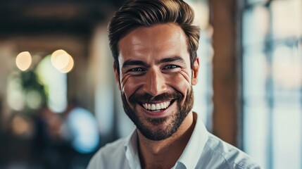 In the office, a happy, smiling businessman