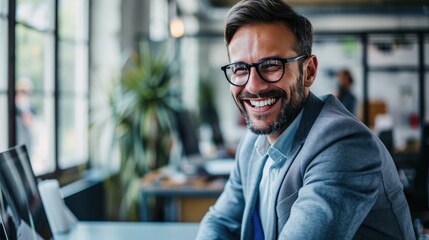Fototapeta premium In the office, a happy, smiling businessman