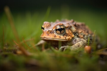 toad on a darkened patch of green grass