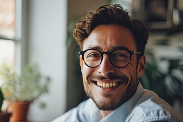 Obraz premium In the office, a happy, smiling businessman