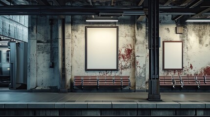 A blank empty canvas poster screen board hanging on a wall at a railway station. - obrazy, fototapety, plakaty