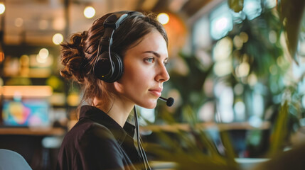 Focused businesswoman concentrating on work on laptop in office, wearing headphones