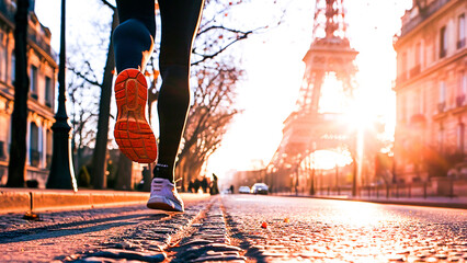 Athlete man running in his sneakers in the streets of Paris with Eiffel Tower in front of him. Male jogging in running shoes closeup. Outdoor recreational training and active lifestyle. 