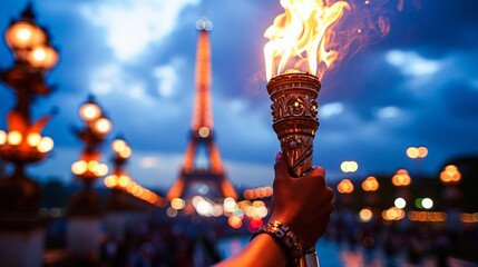 Summer 2024 Olympic Games in Paris, France with Eiffel Tower in the background and hand holding Olympic torch. Spectacular opening ceremony event - obrazy, fototapety, plakaty