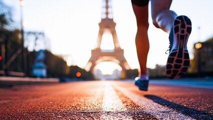 Athlete woman running in her sneakers in the streets of Paris with Eiffel Tower in front of her. Female jogging in running shoes closeup. Outdoor recreational training and active lifestyle.
