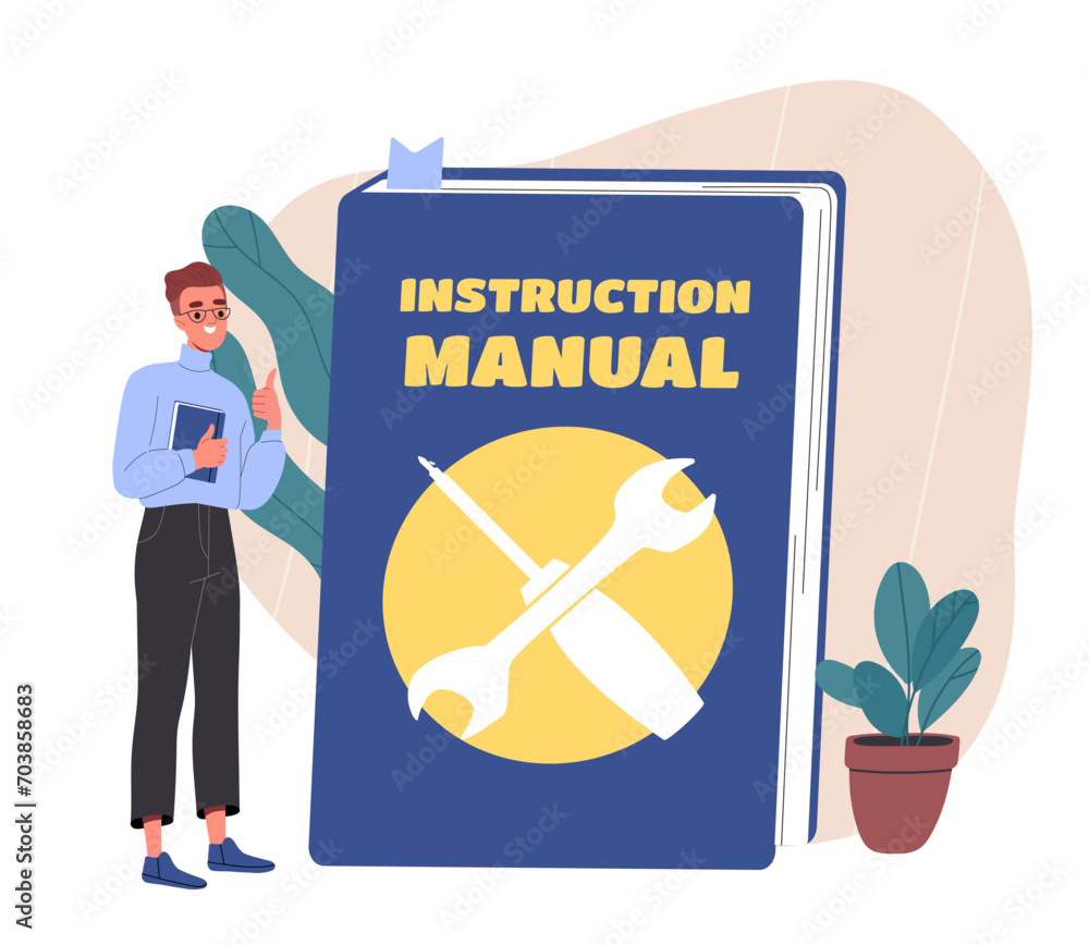 Poster instruction manual concept. man near book with informations for users. manual and guidebook for cust