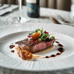 The Wagyu steak is a luxurious treat, presented on a white plate with understated elegance