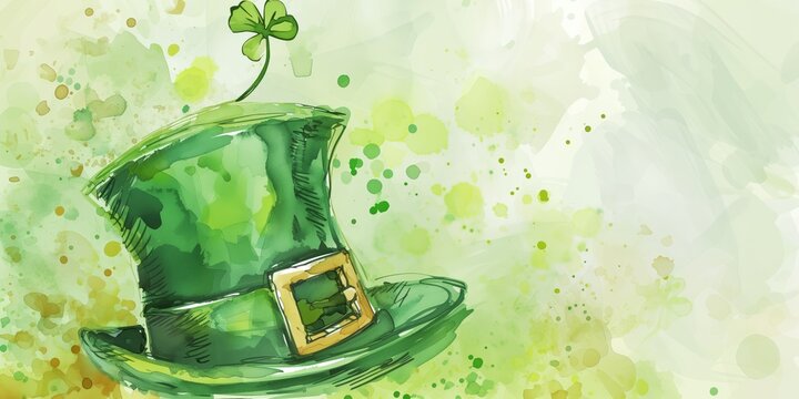 St Patrick's Day watercolor banner with green top hat with gold buckle on green background with splashes