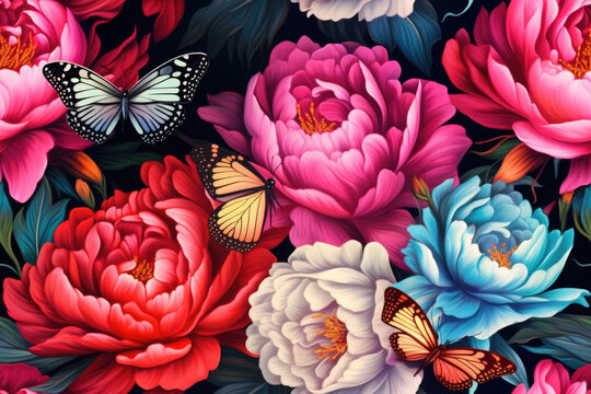 multi-colored peonies flowers with butterflies, 3D texture