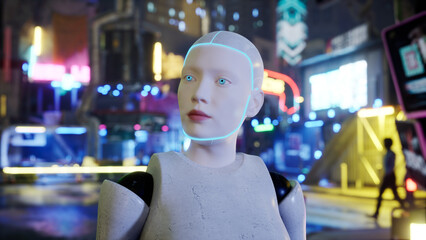 female robot walking along a street in a big city. humanoid AI robot crossing street. 3d render. future automation job.