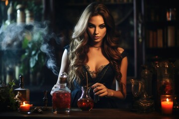 A beautiful witch brewing a love potion.