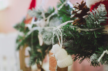 New Year card. Christmas tree decorated with colorful toys.