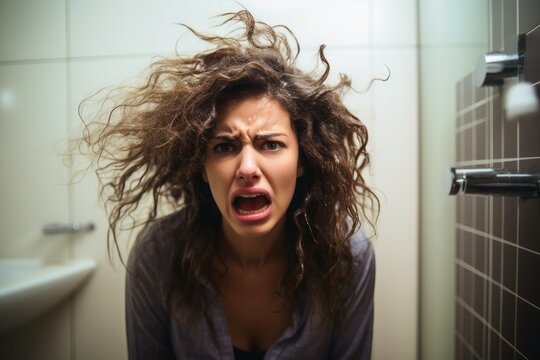 A woman in a bathroom having a bad hair day.