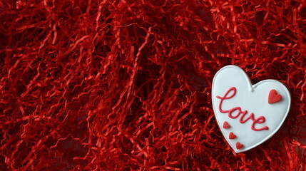Love Inscription On a White Cute Gingerbread. Red Paper Straws Background. Valentine's Day Wallpaper. Wide Banner