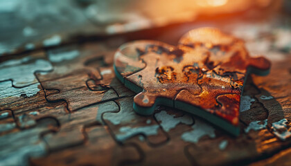 Conceptual Red Puzzle Piece on Wooden Texture