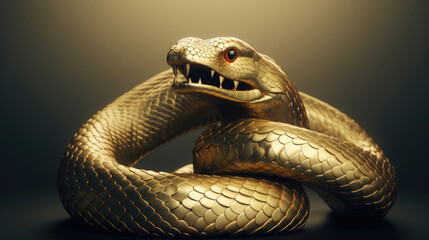 golden snake with an open mouth with teeth, on a dark background with a glare