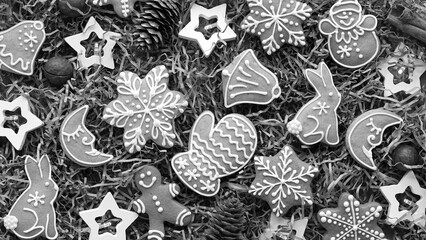 Wishing Cookies. Christmas Advent Gingerbread Decorations. Top View. Black and white