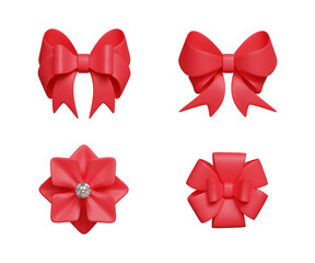 3D set of gift bows. Suitable for luxury items, holiday packaging and design, elegant gift bow tape. Set of red gift bow ribbons. 3d illustration