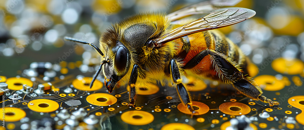 Poster bee with detailed hairs and wings is perched on a computer motherboard, showcasing a sharp contrast 