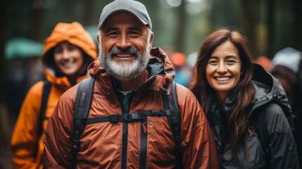 Group of senior various national people hiking through the forest and mountains together - obrazy, fototapety, plakaty