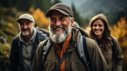Fototapeta premium Group of senior various national people hiking through the forest and mountains together