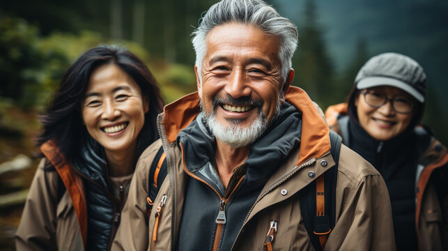 Group of senior various national people hiking through the forest and mountains together