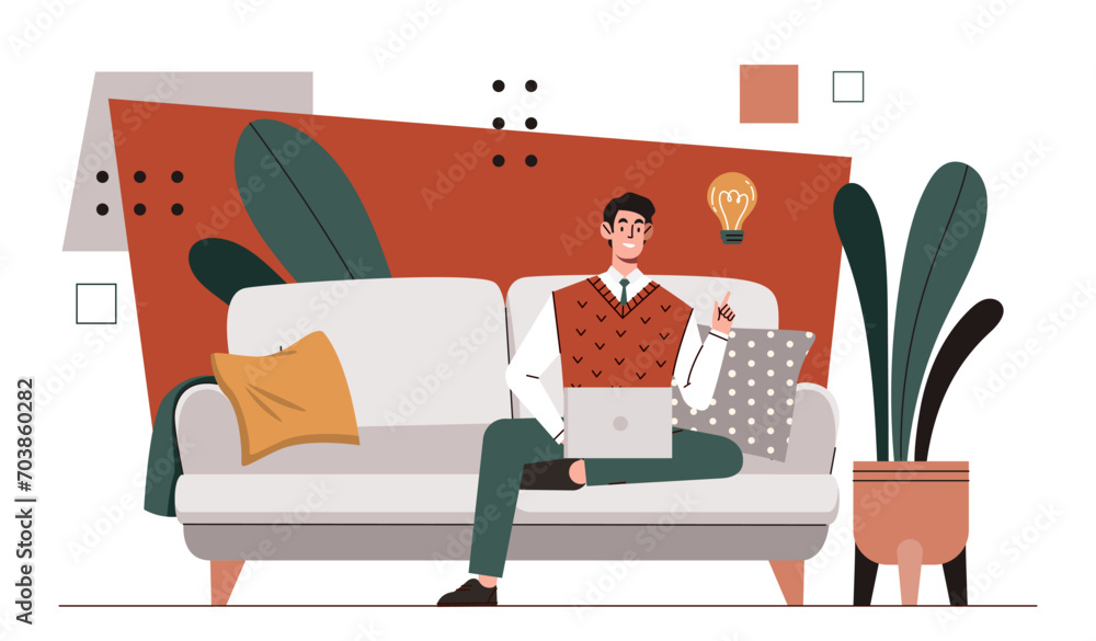 Poster man sitting at sofa with laptop. young guy with computer at couch. freelancer and distance worker. e