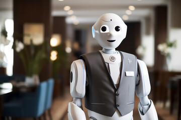 A humanoid robot as a hotel bellboy