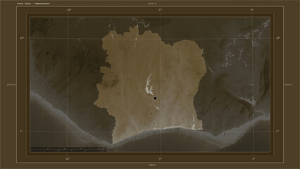 Ivory Coast composition. Sepia elevation map