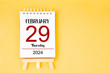 February 29th calendar for February 29 2024 on yellow background.