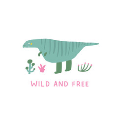 Cute dinosaur postcard with funny hand drawn doodle flying dino, plants, palm, pterodactyl. Jurassic era cover, template, banner, poster, print. Extinct animal background for kids