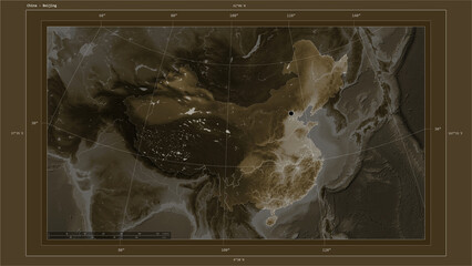 China composition. Sepia elevation map