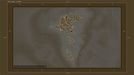 Faroe Islands composition. Sepia elevation map