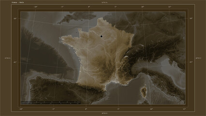 Fototapeta na wymiar France composition. Sepia elevation map