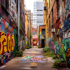Fototapeta premium A graffiti-covered alley in an urban setting.
