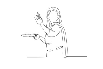 A woman is enjoying food at the Holi festival. Holi one-line drawing