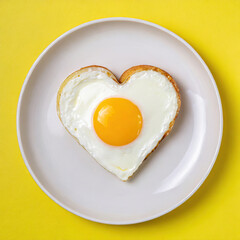 heart-shaped fried egg on a plate on yellow background; top view