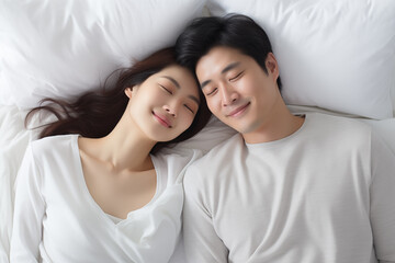 Top view of loving happy asian couple sleeping together on comfortable white bed at home. Generative ai.