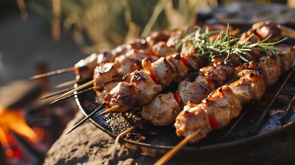 Succulent grilled skewers with a variety of meats and vegetables, charred to perfection, presented on a hot grill plate over an open flame in an outdoor cooking setting.