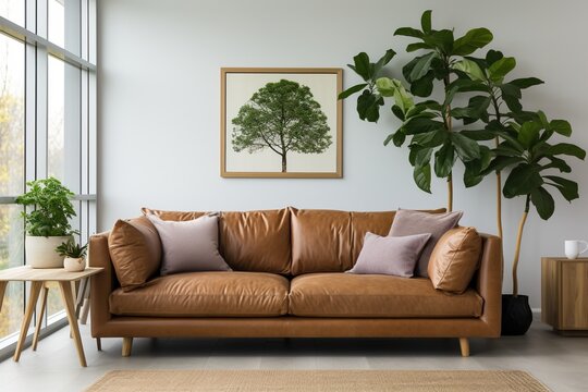 brown leather sofa in a living room with a tree painting