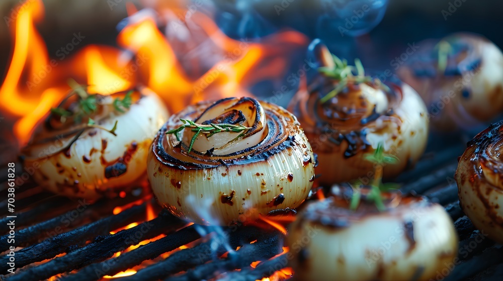 Wall mural sizzling grilled onions with charred edges cooking over an open flame, emitting a smoky aroma. veget