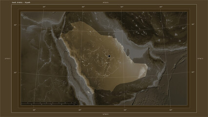 Saudi Arabia composition. Sepia elevation map