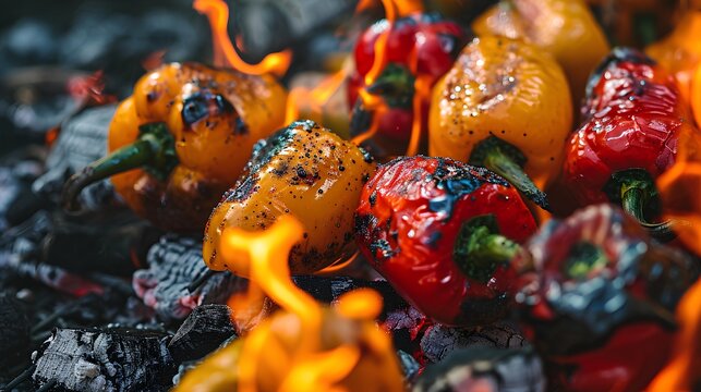 Sizzling grilled BBQ bell peppers with charred stripes, cooking over open flames on a grill, perfect for a summer barbeque or outdoor cooking event.