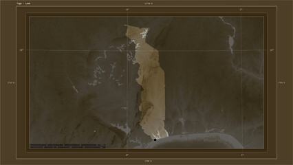 Fototapeta na wymiar Togo composition. Sepia elevation map