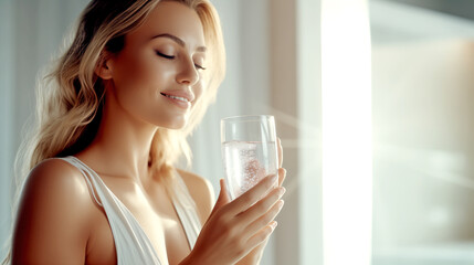 Beautiful Mature Woman with Glass of Water In Spa Salon