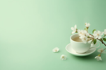 Obraz na płótnie Canvas A cup of tcherry flower ea with cherry flower branch on pastel green background.